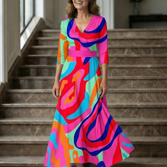 Natalie | Wrap-Neckline Midi Dress with 3/4 Sleeves