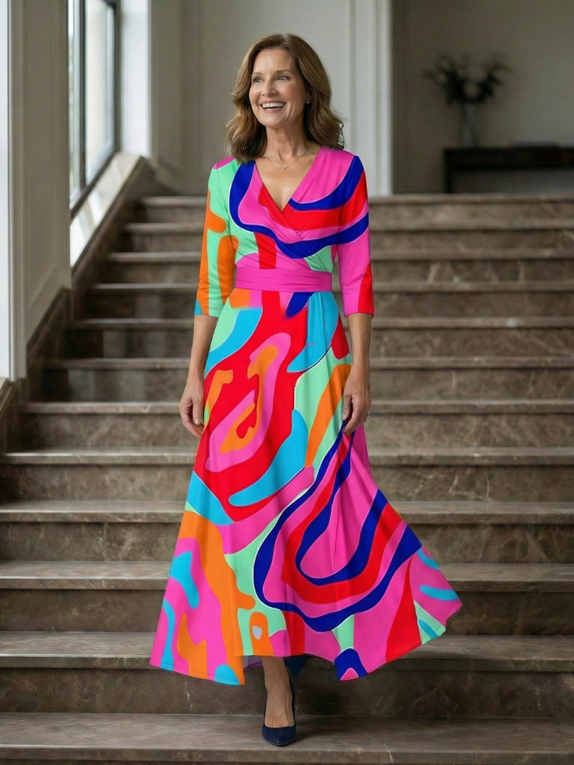 Natalie | Wrap-Neckline Midi Dress with 3/4 Sleeves