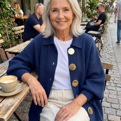 Karina collared button cardigan in blue at a cafe