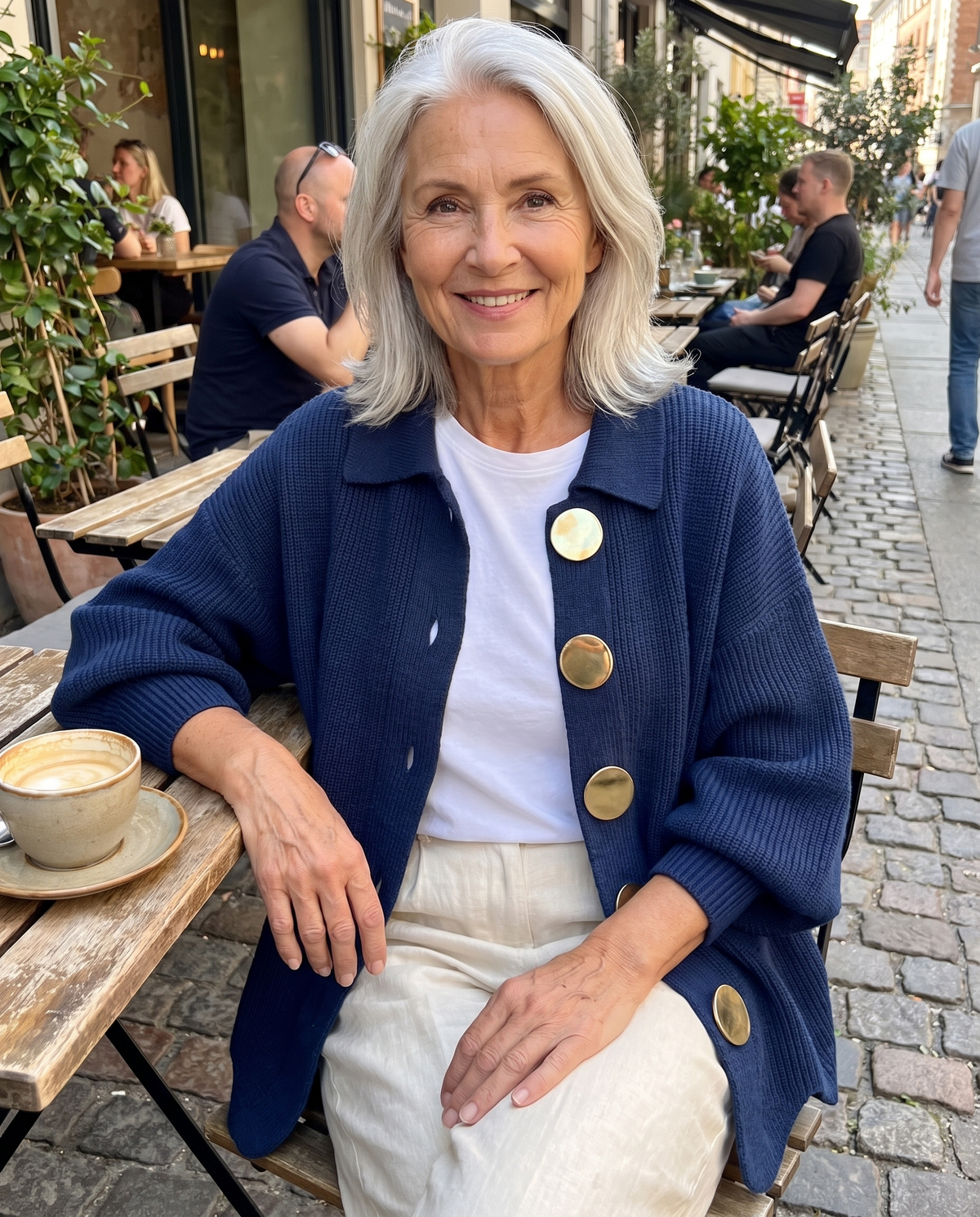 Karina collared button cardigan in blue at a cafe