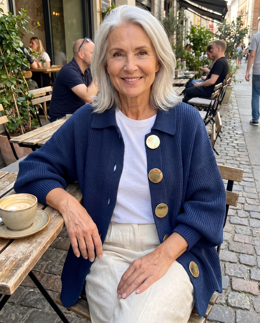 Karina collared button cardigan in blue at a cafe