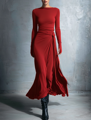 Long-Sleeve Side-Tie Draped Maxi Dress for Women