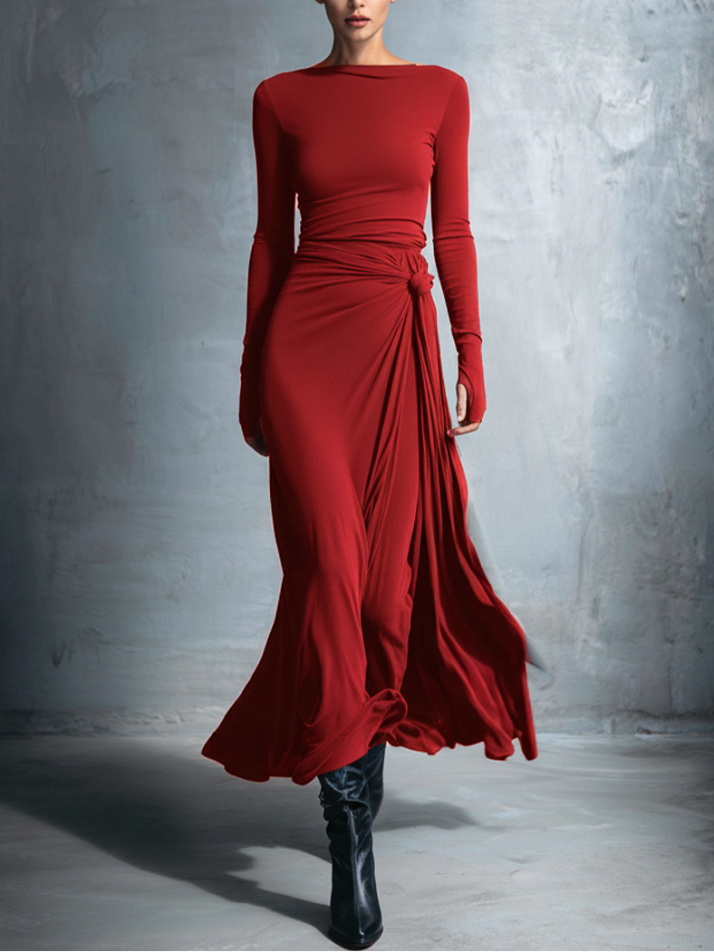 Long-Sleeve Side-Tie Draped Maxi Dress for Women