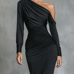 Satin Ruched Asymmetrical Mermaid Maxi Dress for Women