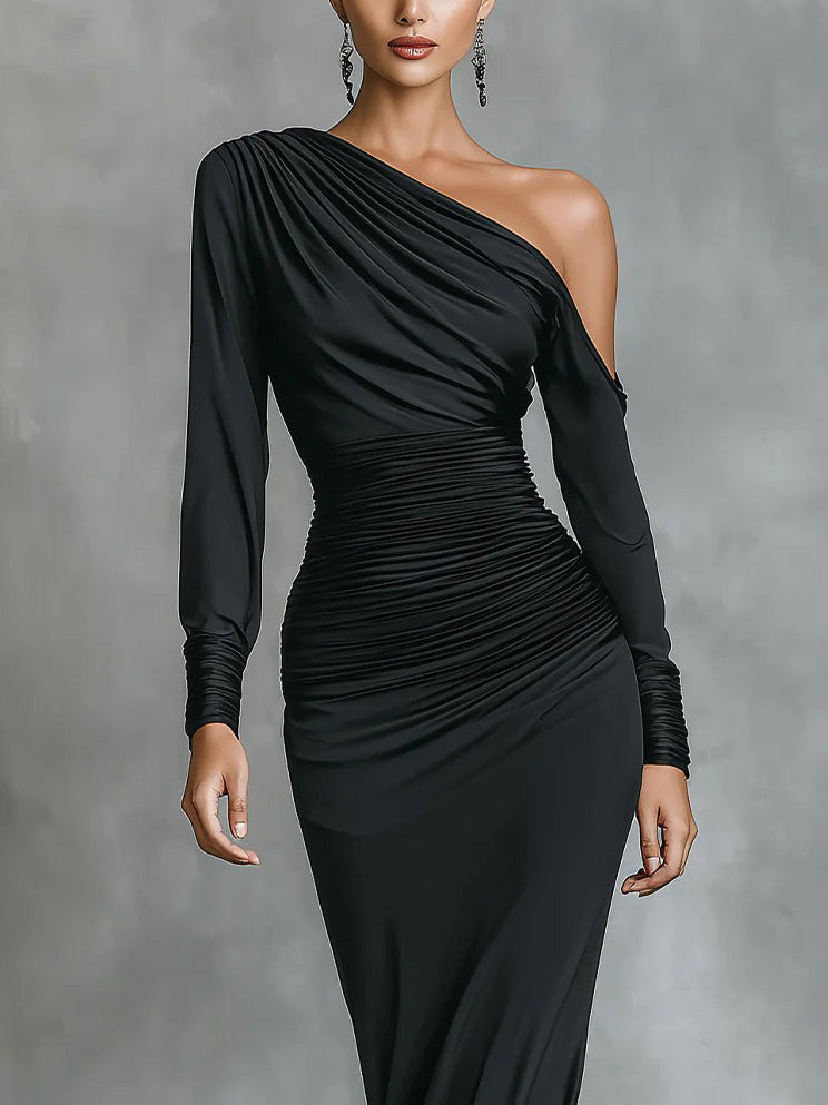 Satin Ruched Asymmetrical Mermaid Maxi Dress for Women