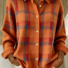 Plaid knit button cardigan in orange