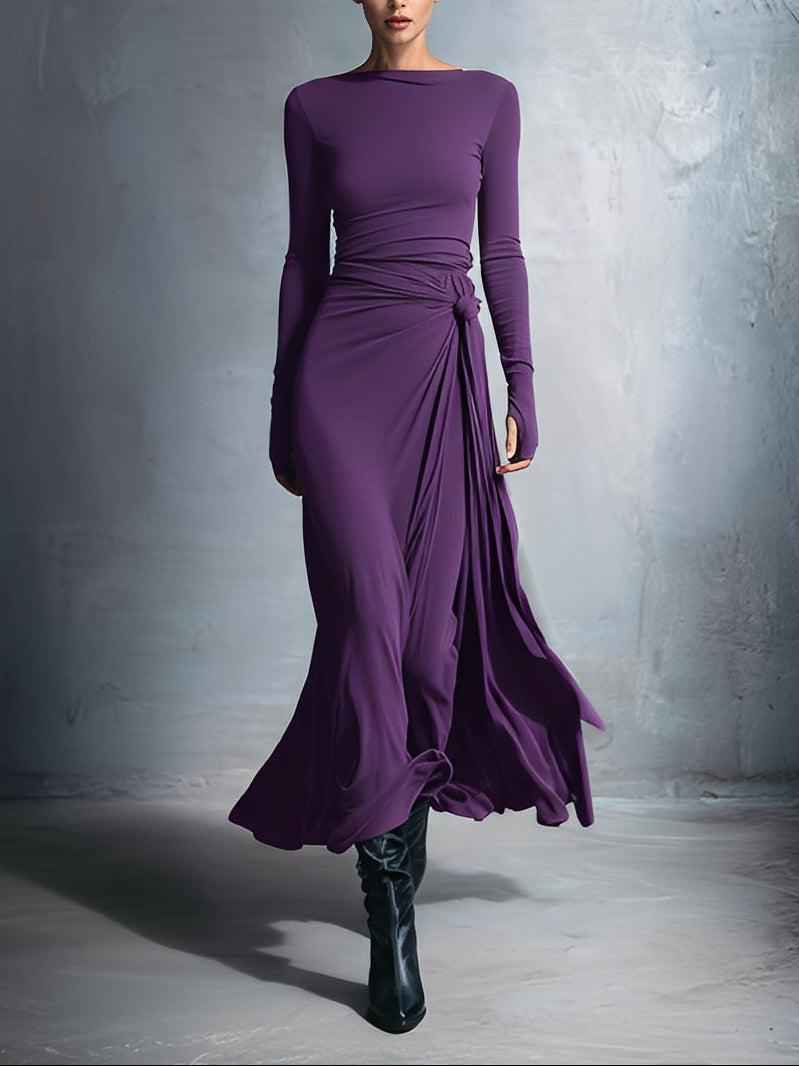 Long-Sleeve Side-Tie Draped Maxi Dress for Women