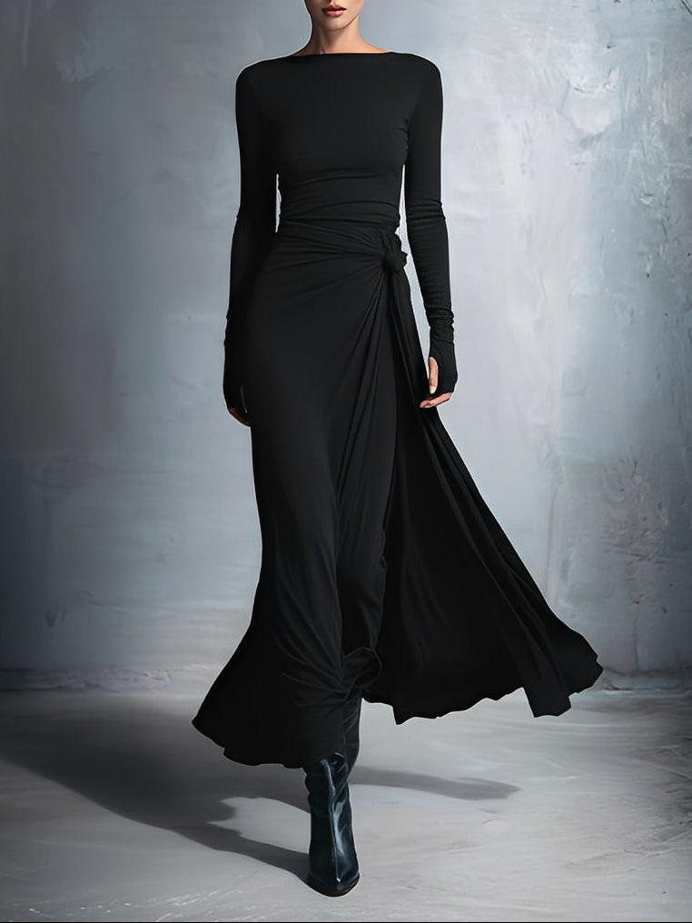 Long-Sleeve Side-Tie Draped Maxi Dress for Women
