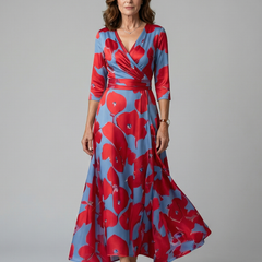 Natalie | Wrap-Neckline Midi Dress with 3/4 Sleeves