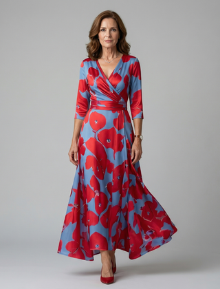 Natalie | Wrap-Neckline Midi Dress with 3/4 Sleeves