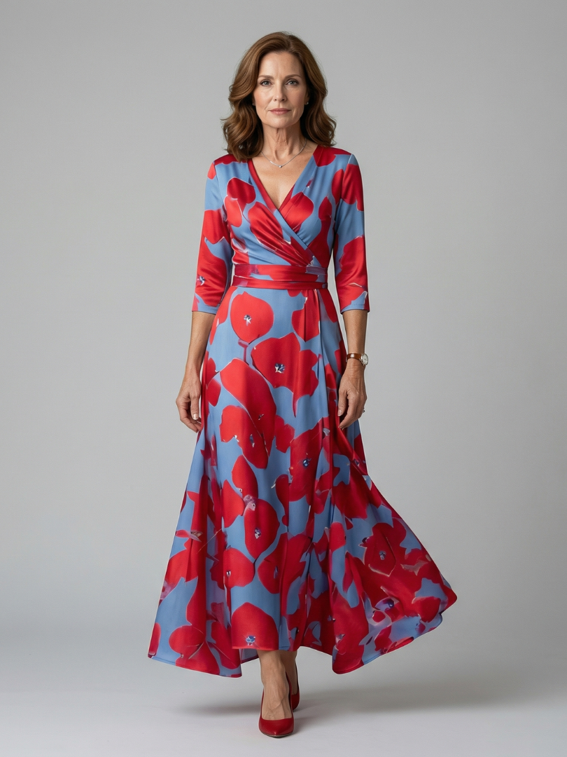 Natalie | Wrap-Neckline Midi Dress with 3/4 Sleeves