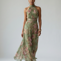 Mireille | Halter-Neck Midi Dress in Sage Green