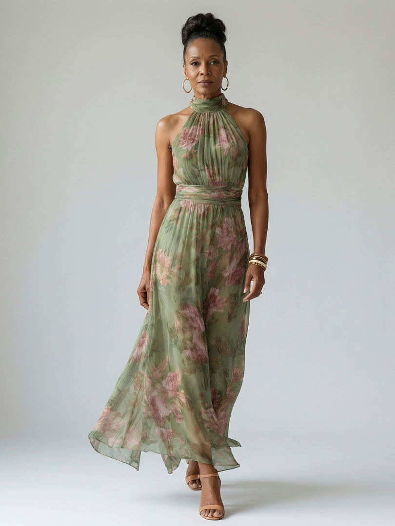 Mireille | Halter-Neck Midi Dress in Sage Green