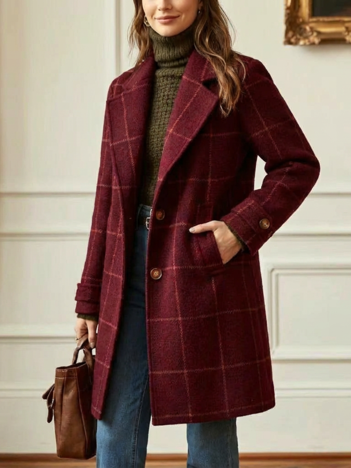 Plaid Wool-Blend Long Coat