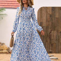 Odette | Tie-Neck Maxi Dress with Puff Sleeves