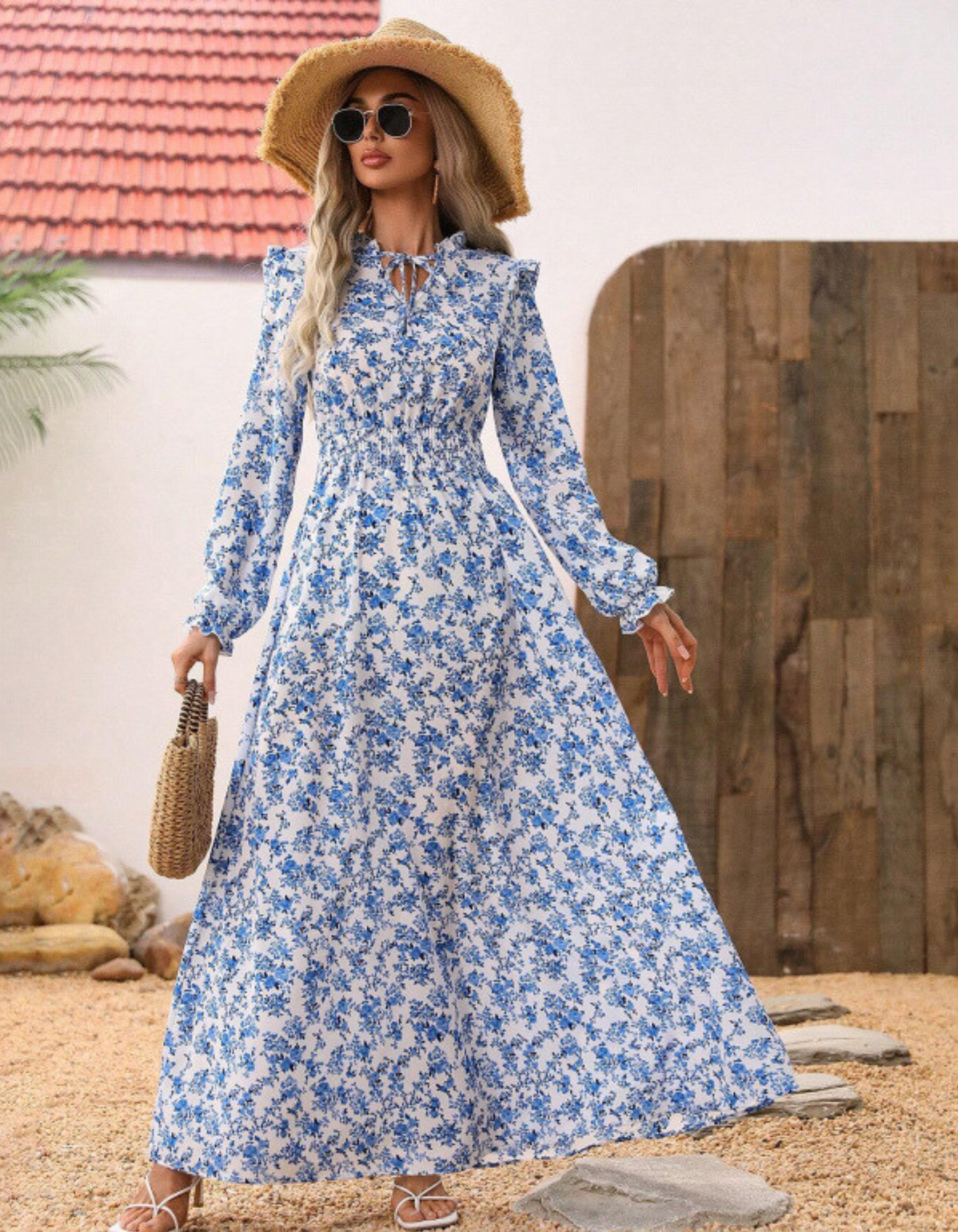 Odette | Tie-Neck Maxi Dress with Puff Sleeves
