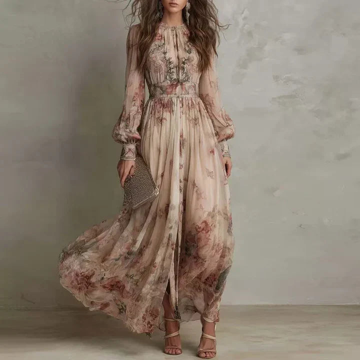 Vintage Floral High-Neck Maxi Dress for Women