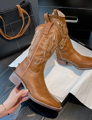 Embroidered Mid-Calf Boots