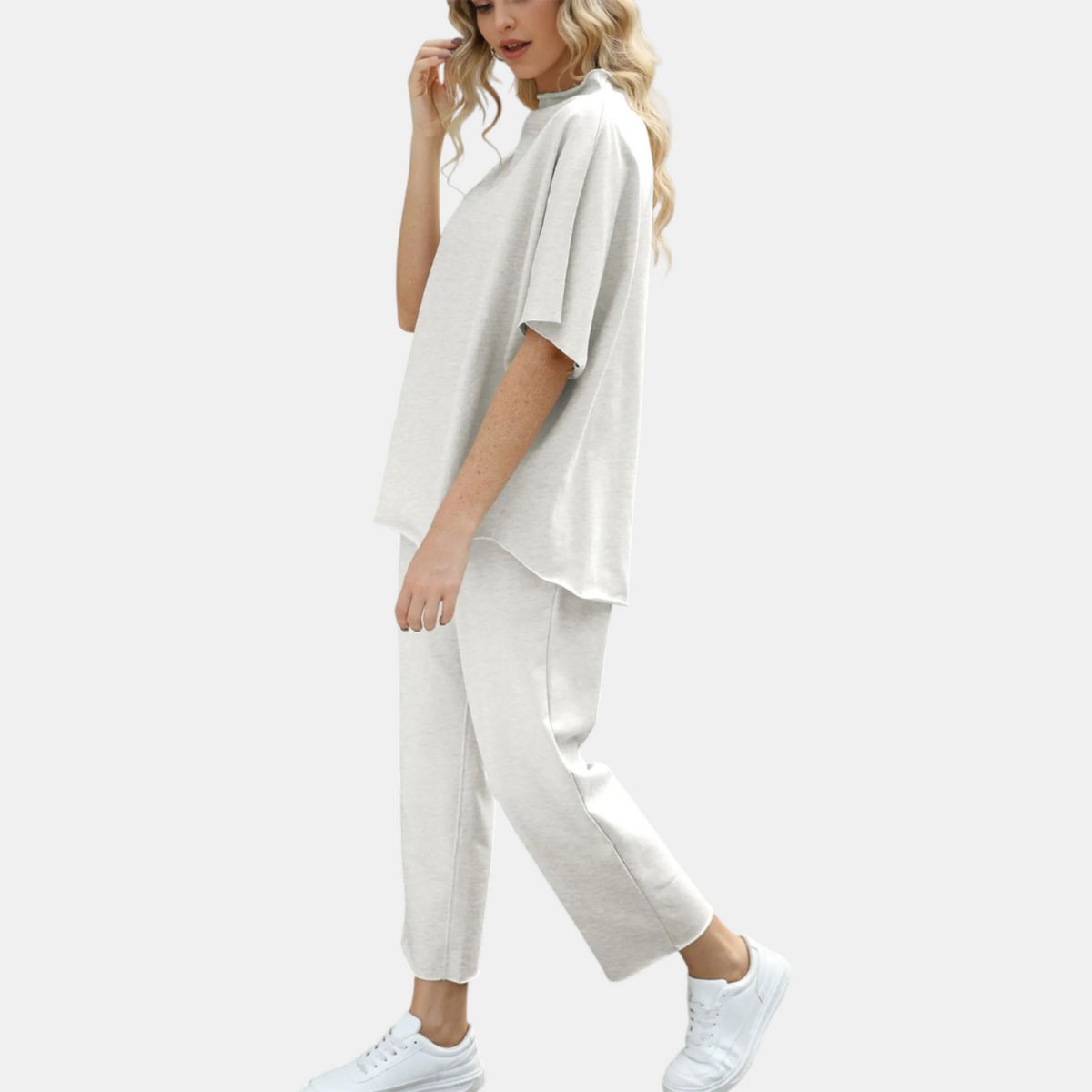 Mock Neck Lounge Set Wide Leg Cropped Pants