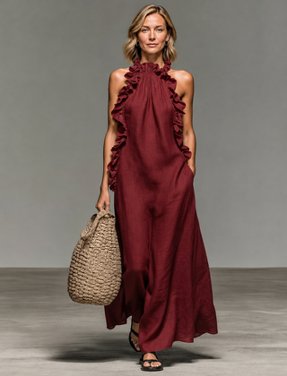 Red sleeveless ruffle maxi dress