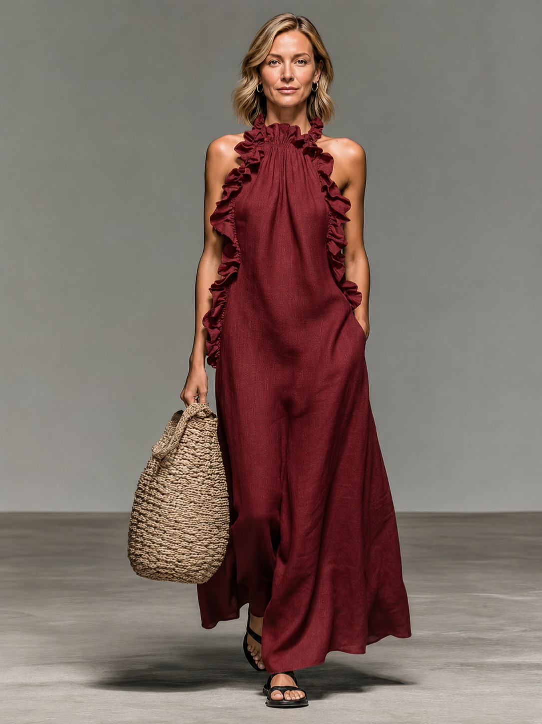 Red sleeveless ruffle maxi dress