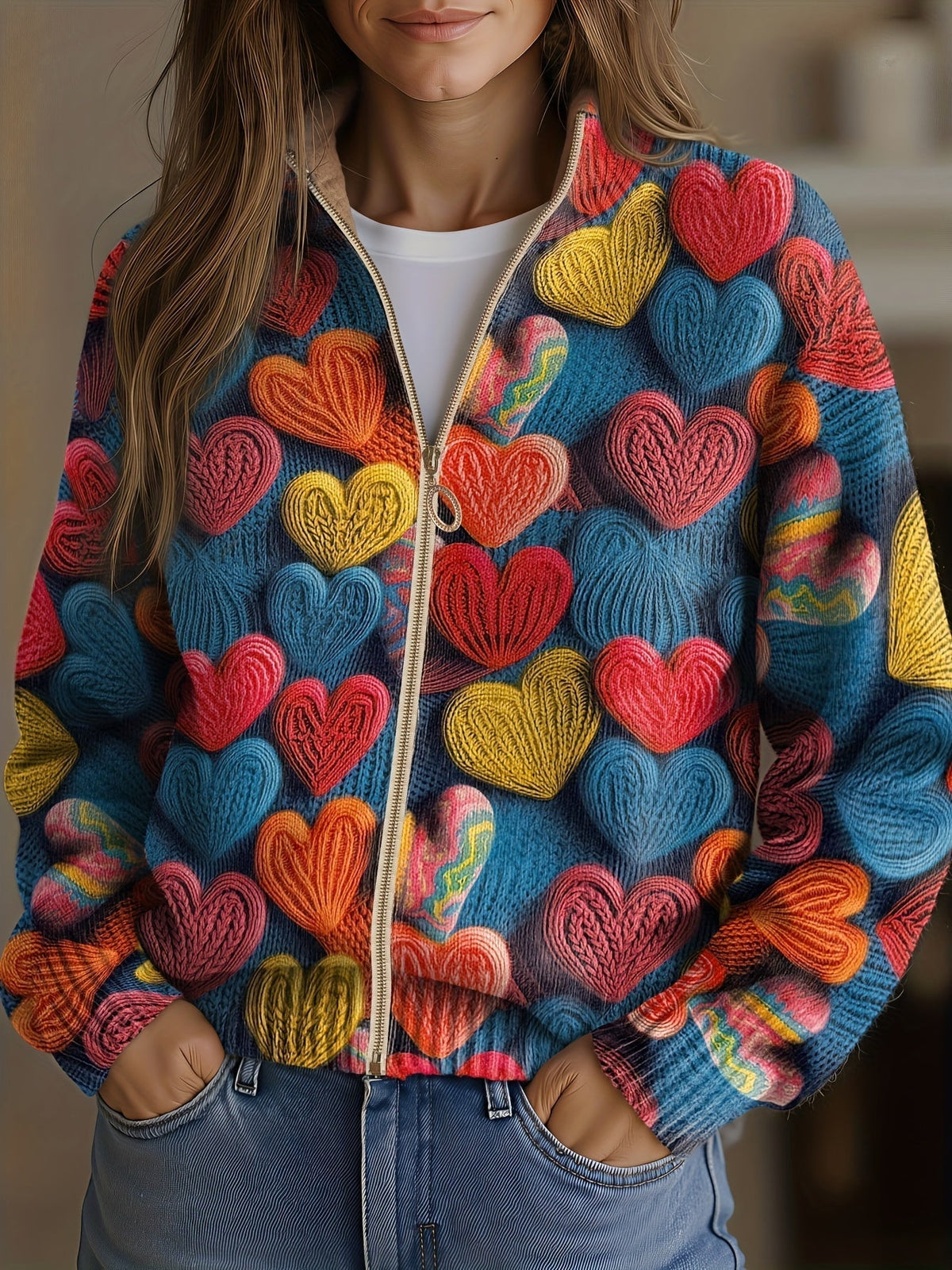 Multicolor Hearts Textured Knit Pattern