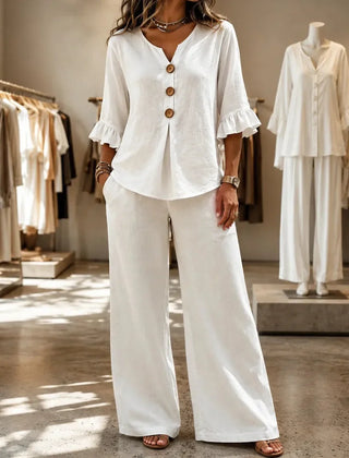 Linen-Look Two-Piece Set with Ruffle Sleeves and Wide-Leg Pants