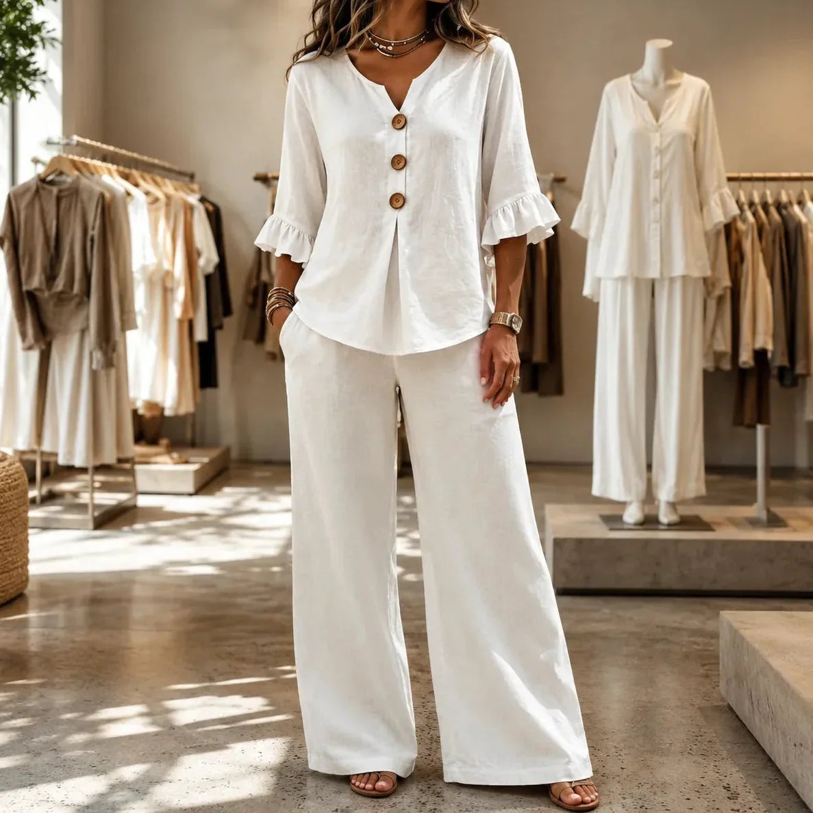 Linen-Look Two-Piece Set with Ruffle Sleeves and Wide-Leg Pants