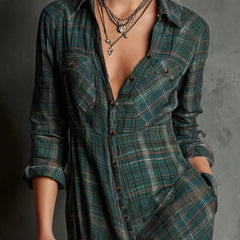 Plaid Button-Front Long-Sleeve Maxi Shirt Dress for Women