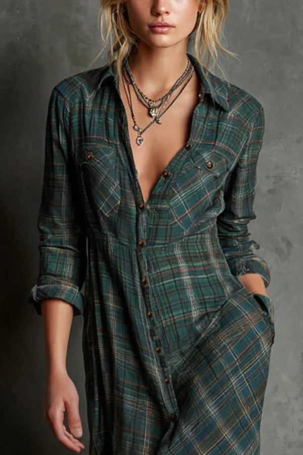 Plaid Button-Front Long-Sleeve Maxi Shirt Dress for Women