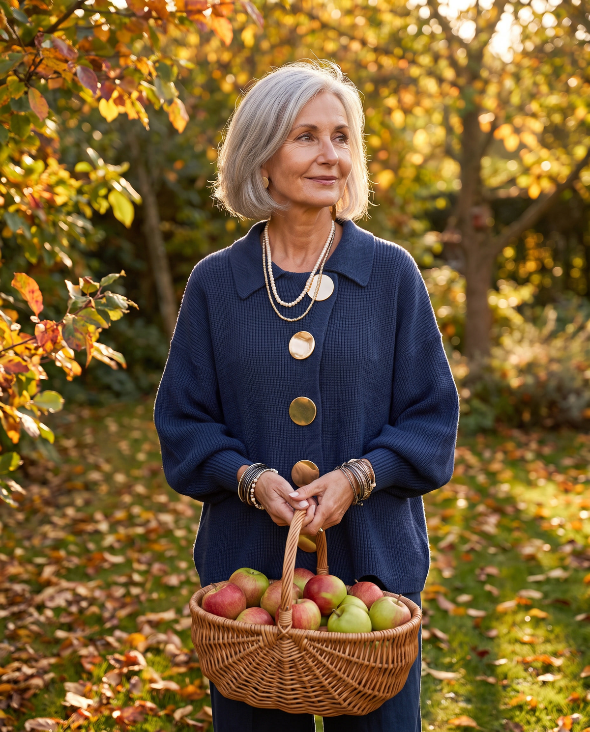 Karina collared button cardigan in blue, buttoned up, in the garden