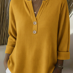 Textured waffle knit button sweater in yellow