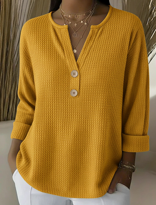 Textured waffle knit button sweater in yellow