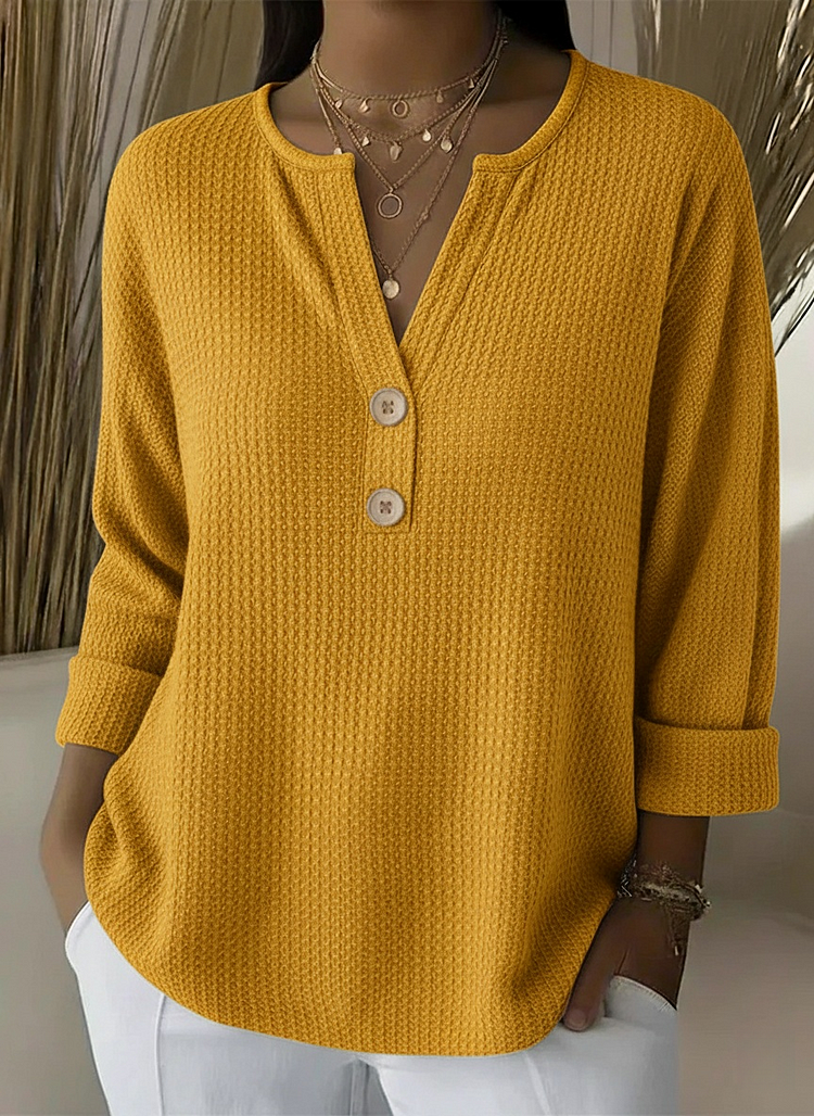 Textured waffle knit button sweater in yellow