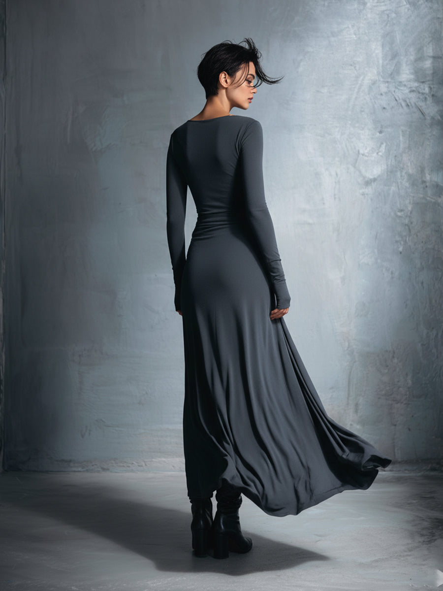 Long-Sleeve Side-Tie Draped Maxi Dress for Women
