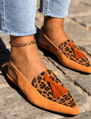 Slingback Mules with Tassels in orange and leopard