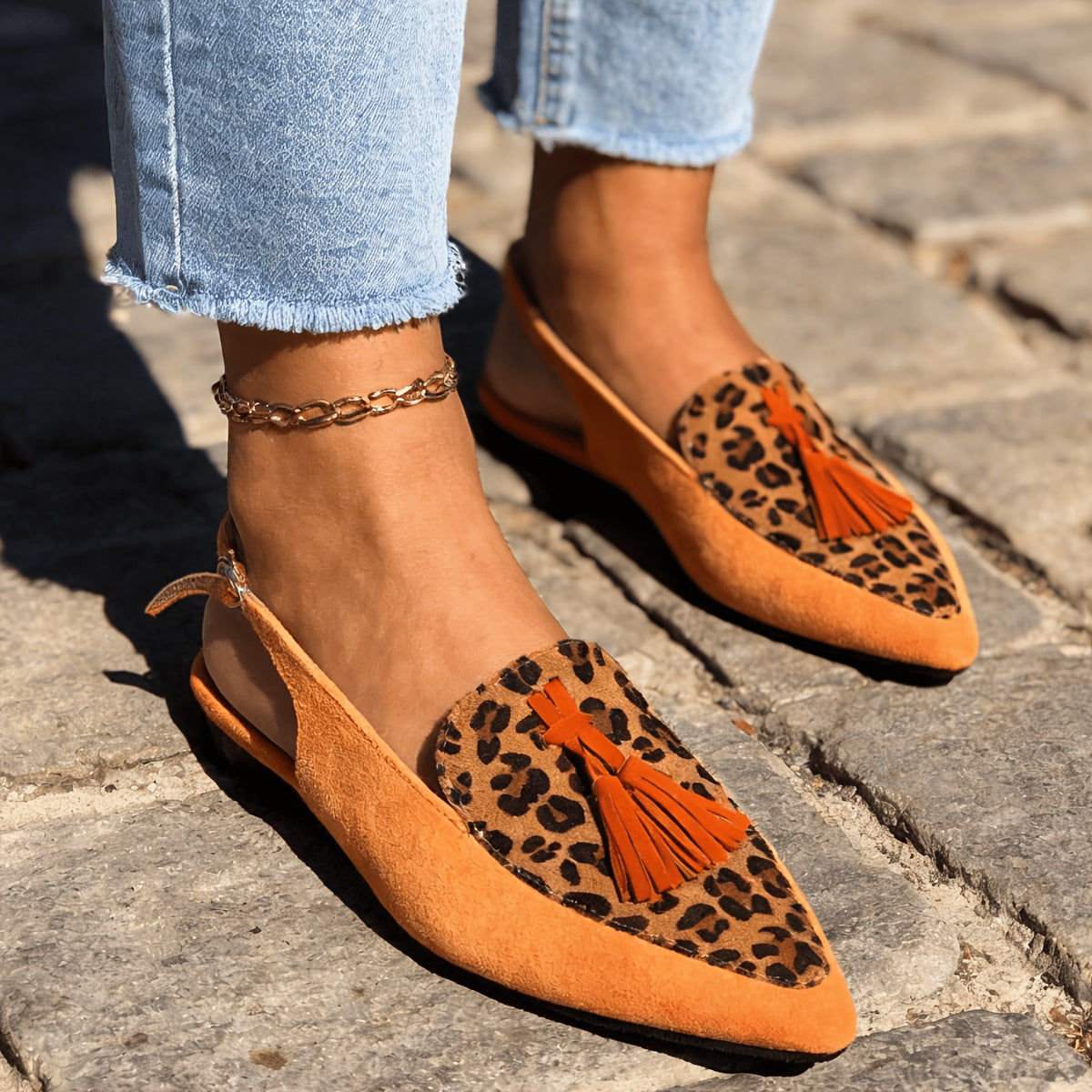 Slingback Mules with Tassels in orange and leopard