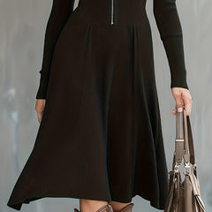Zip-Front Long-Sleeve Fitted Midi Dress for Women