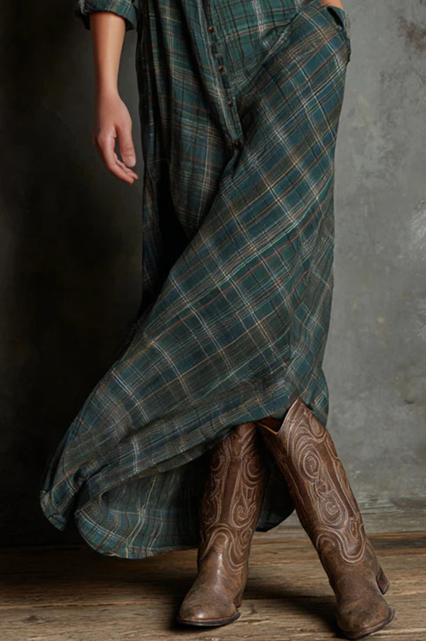 Plaid Button-Front Long-Sleeve Maxi Shirt Dress for Women