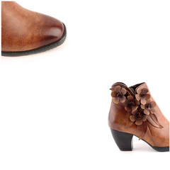 Retro Handmade Floral Leather Solid Color Ankle Boots