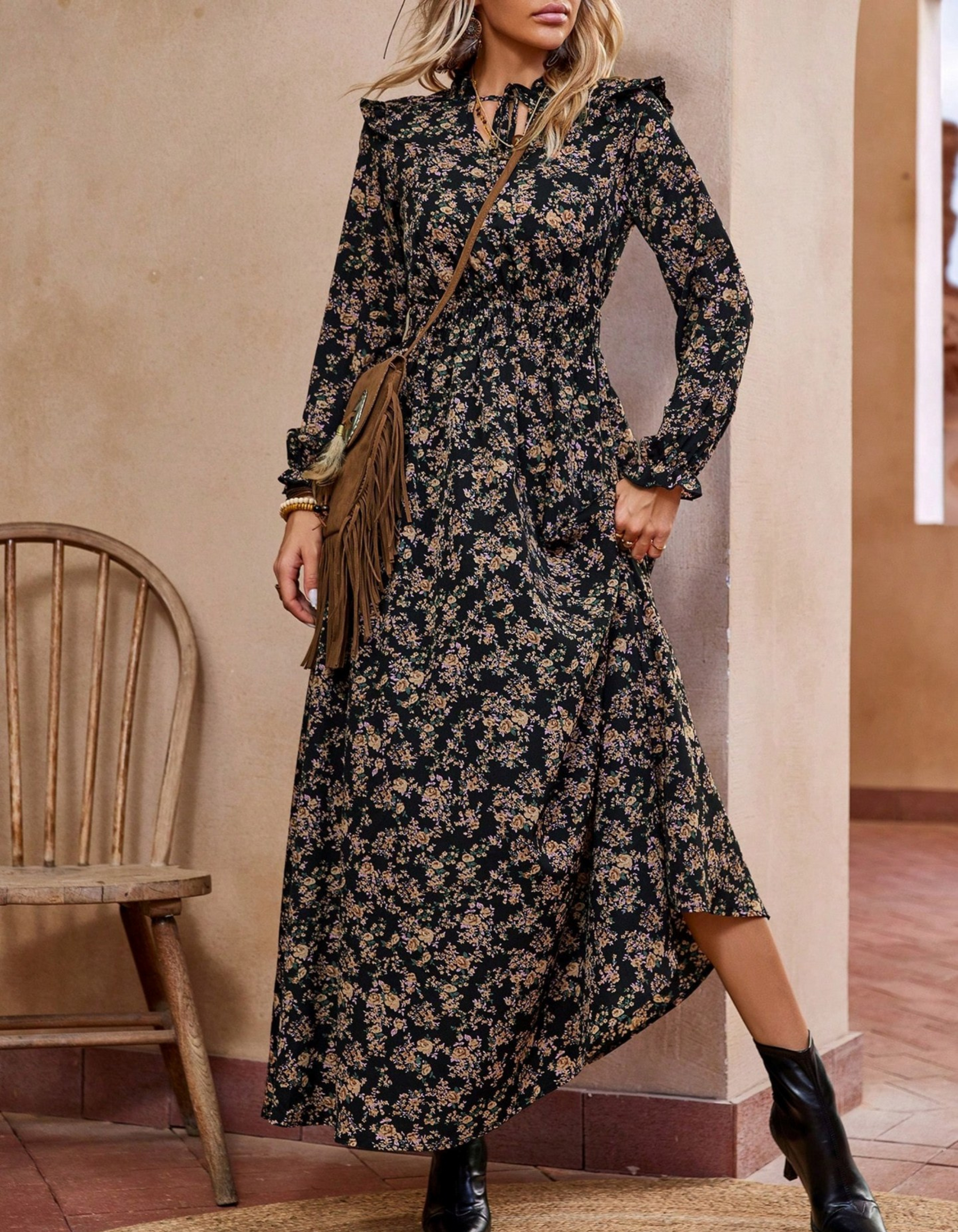 Odette | Tie-Neck Maxi Dress with Puff Sleeves