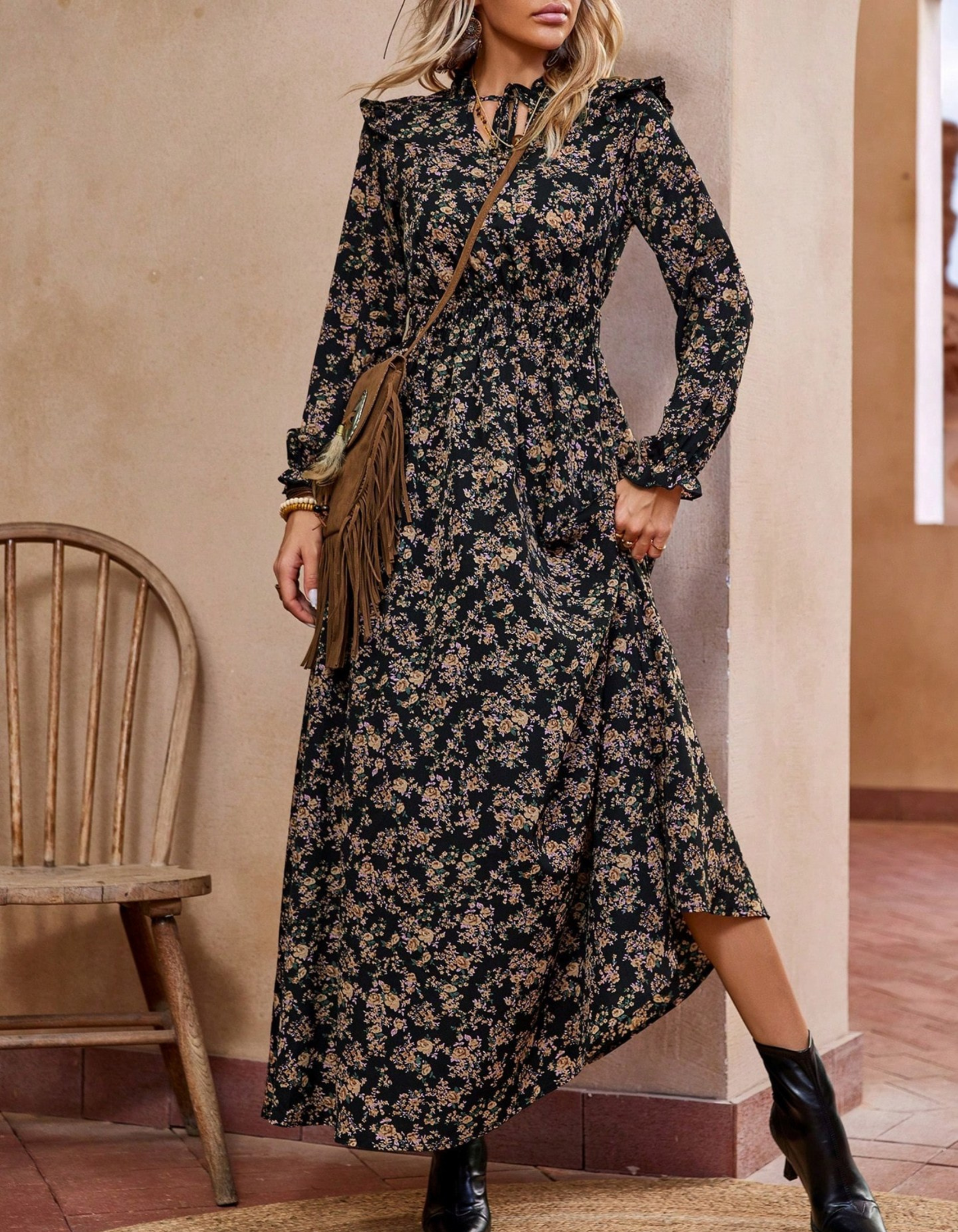 Odette | Tie-Neck Maxi Dress with Puff Sleeves