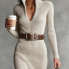 Ribbed Knit V-Neck Belted Midi Dress for Women