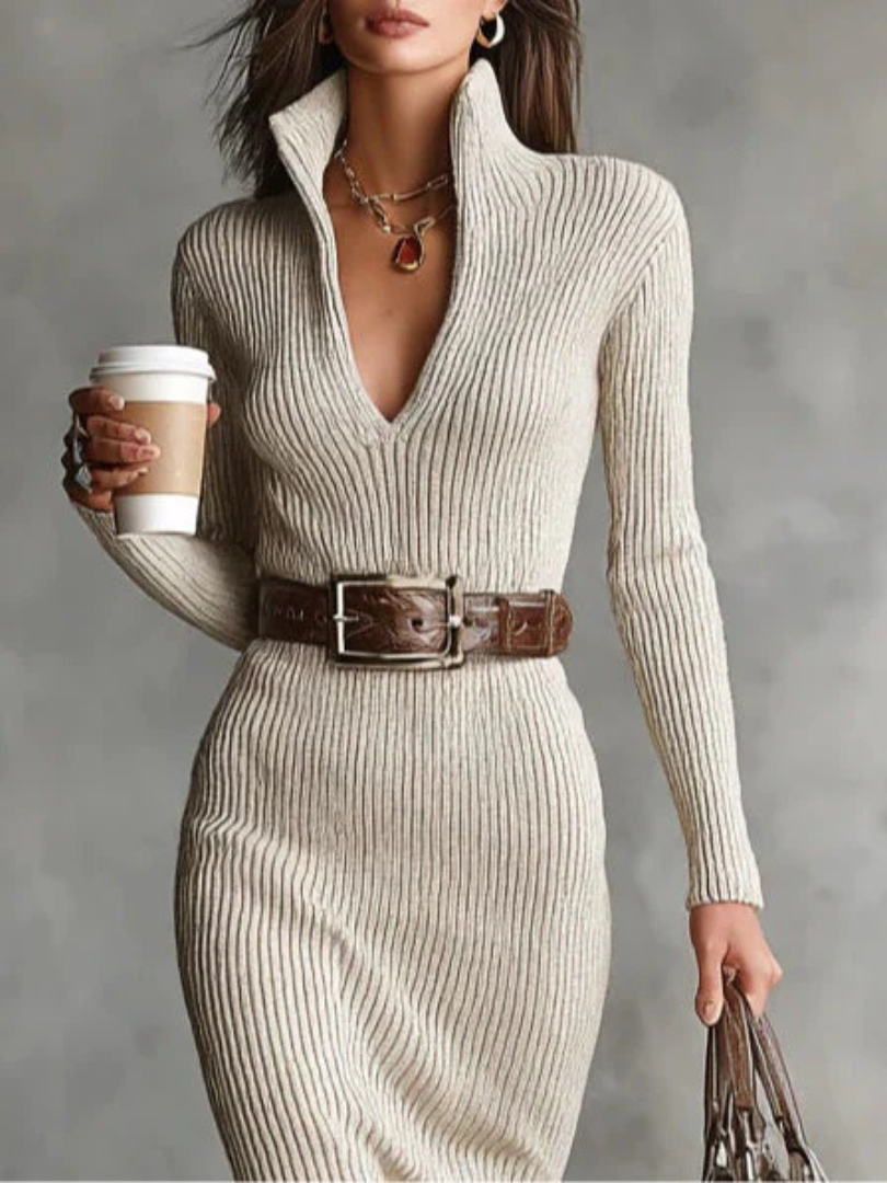 Ribbed Knit V-Neck Belted Midi Dress for Women