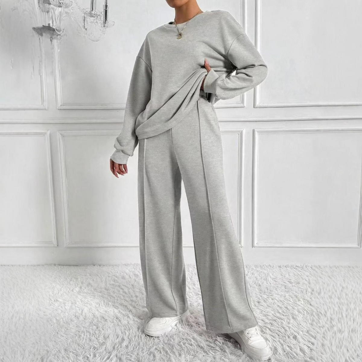 Casual Long Sleeve Sweatshirt and High Waist Pants Set