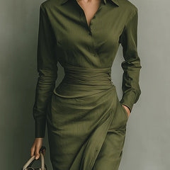 Collared Button-Front Draped-Waist Midi Dress for Women