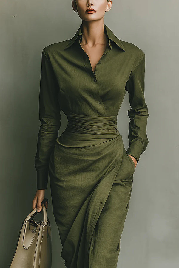 Collared Button-Front Draped-Waist Midi Dress for Women