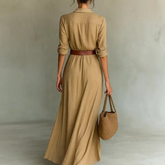 Lapel V-Neck Belted Wrap Maxi Dress for Women