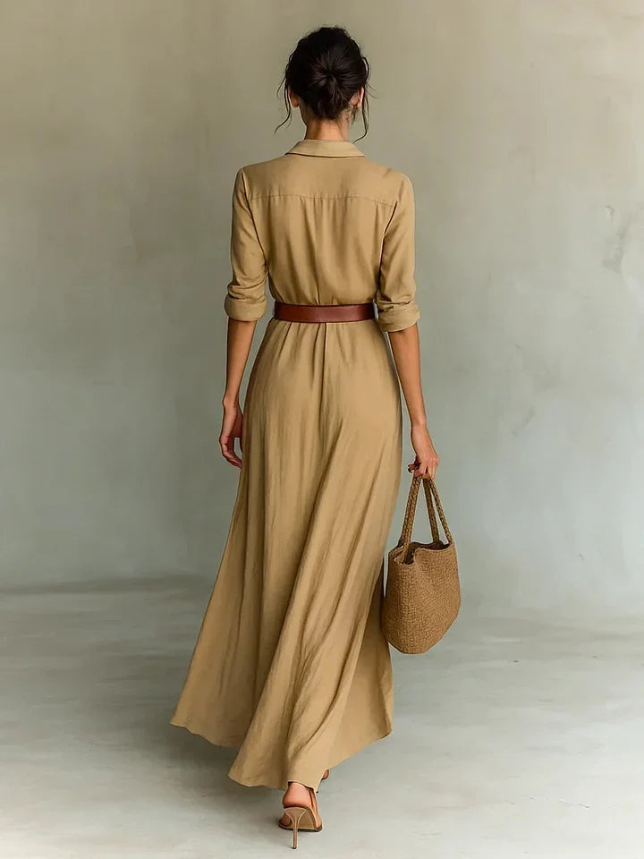 Lapel V-Neck Belted Wrap Maxi Dress for Women