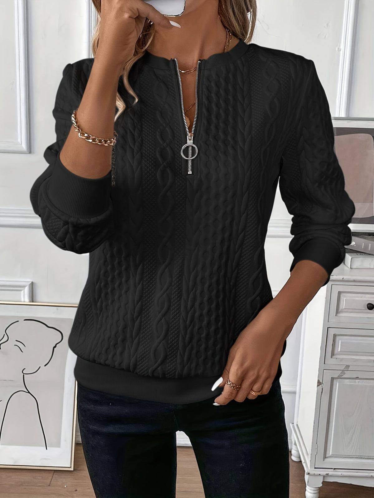Ladies' zip-up cable knit jumper